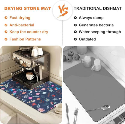 LOKHOM Dish Drying Mat for Kitchen Counter, 12"x20" Absorbent Vintage Diner Rack Mats with Colorful Floral Pattern for Coffee Maker, Coffee Pot, Dining Room Decoration