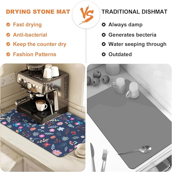 LOKHOM Dish Drying Mat for Kitchen Counter, 18"x24" Absorbent Coffee Bar Mat with Colorful Floral, Vintage Dish Drainer Rack Mat