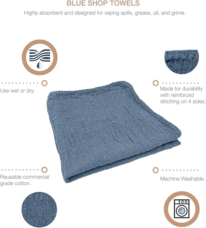 Detailer's Preference Absorbent Cotton Shop Towels, Reusable Cleaning Rags for Auto, Garage, Home, Kitchen, Industrial Use, Wipe Spills, Grease, Oil, Grime, Dirt & More, 11x12, 50-Pack, Blue