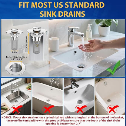 Bathroom Sink Drain Strainer, Pop-Up Bathroom Sink Stopper with Removable Stainless Steel Hair Catcher Basket, Universal Fit for US Bathroom Sinks, Showers & Floor Drains (3pcs)