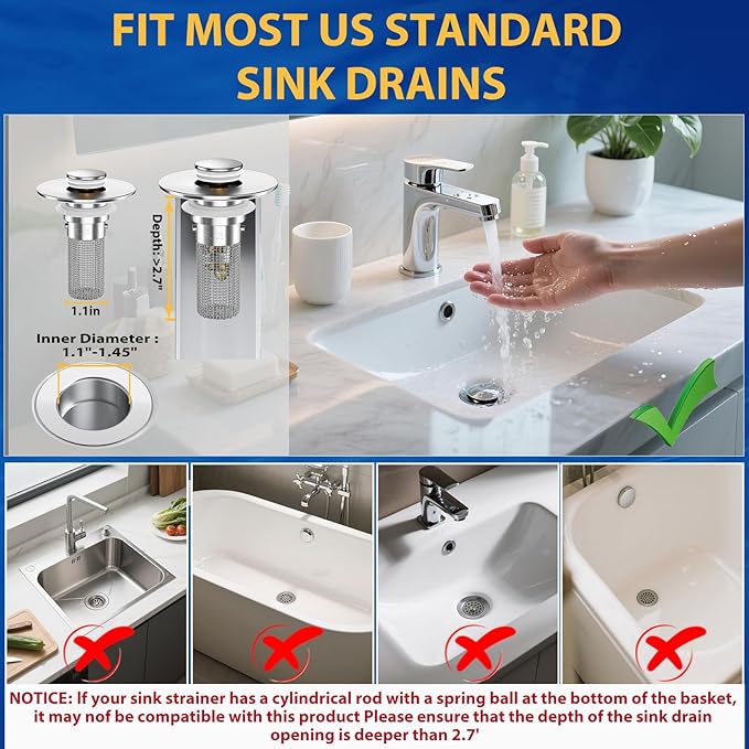 Bathroom Sink Drain Strainer, Pop-Up Bathroom Sink Stopper with Removable Stainless Steel Hair Catcher Basket, Universal Fit for US Bathroom Sinks, Showers & Floor Drains (1pcs)