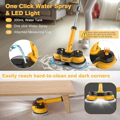 Cordless Electric Mop for Dewalt 20V Battery (NO Battery), 2 in 1 Spin Mop & Electric Floor Scrubber Machine with LED Light & Water Spray, 800 RPM Rotating Electric Mops for Floor Cleaning (Golden)