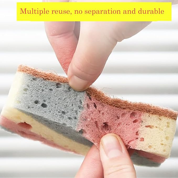 Double Sided Multi-Purpose Kitchen Cleaning Sponge, Great for Dishwashing and Stain Removal, Absorbent, Durable Coconut Fiber Side and Soft Sponge Side 5 Pcs Brown