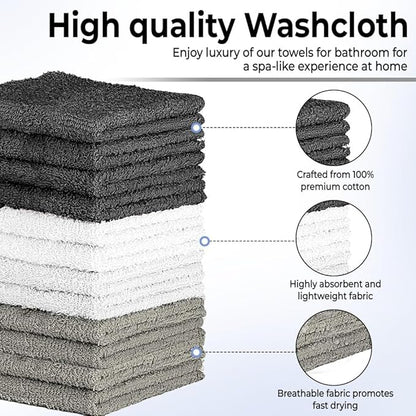 100% Cotton Washcloth Set – Soft, Absorbent Face Towels for Bathroom & Gym Use –Reusable, Durable & Machine Washable - Dark Grey, White & Light Grey, 12x12 Inches, Pack of 12
