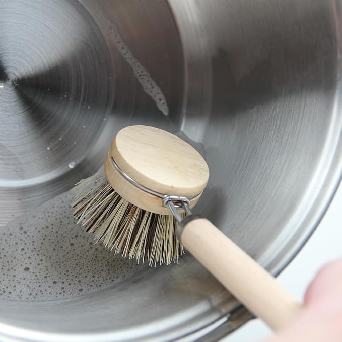 Dish Brush Set with Wooden Handle | Nautral & Bamboo Fibers Plastic Free | Pot Brush Scourer Scrubber ~ 5 Pcs Kitchen Dish Cleaning Tools - Makes Dish Cleaning Easy