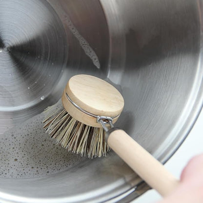 Dish Brush Set with Wooden Handle | Nautral & Bamboo Fibers Plastic Free | Pot Brush Scourer Scrubber ~ 5 Pcs Kitchen Dish Cleaning Tools - Makes Dish Cleaning Easy