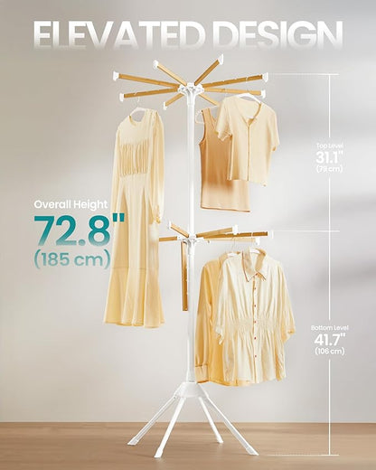 SONGMICS Clothes Drying Rack 2-Tier, with Bamboo Hanging Rods, Foldable Metal Laundry Rack, Space-Saving, Free-Standing Airer, Indoor Use, White and Natural ULLR517W01
