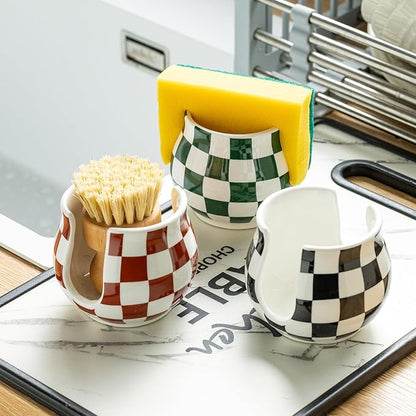 Zoeeker Checkered Sponge Holder for Kitchen Sink, Ceramic Dish Sponge Dish Rack Scrubby Holder Kitchen Organizer Cute Sink Caddy Organizer, Farmhouse Decor, Black and White