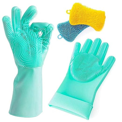 Dishwashing Gloves Cleaning Silicone Gloves with Cleaning Cloth Kitchen Accessories Dish Scrubber, Waterproof Cleaning (1 Pairs Green, 1 sponge)