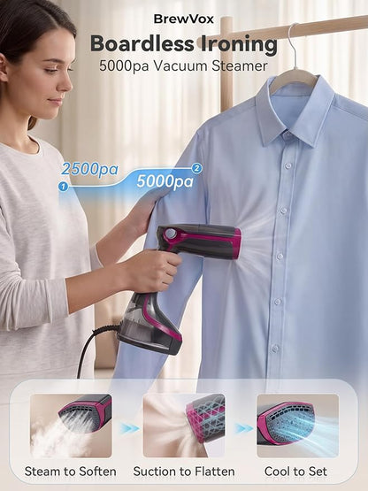 Handheld Steamer for Clothes, 5000Pa Suction Auto-Grip Vacuum Steamer & Iron for Garment Grip, Wrinkle Remove, 12 Oz Large Tank, Travel Dual Voltage