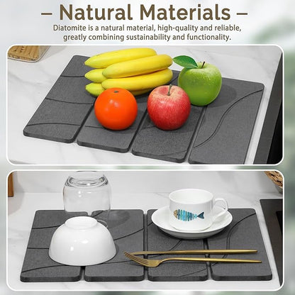Small Stone Dish Drying Mat for Kitchen Counter, 2 PCS 16"×12" & 8"x4" Quick Dry Stone Mats, Foldable Water Absorbing Diatomite Drying Dish Pad for Countertop Bottles Utensils Cups(Carved Gray)