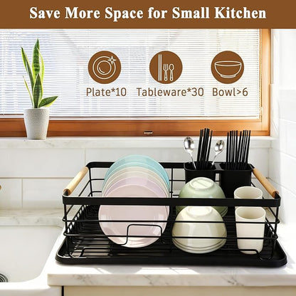 Dish Racks for Kitchen Counter, Thickened Metal Dish Drying Rack with Wooden Handles, Kitchen Countertop Organizer for Dishes, Spoons and Forks, No Assembly, Black, 16.7''*12.6''*5.12''