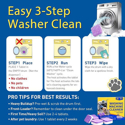 24 Count Washing Machine Cleaner for Pet Hair Relief Tablets - HE-Safe, Septic-Safe, Lavender Scent, 1-Year+ Supply, Pet-Friendly Washer Cleaner for Top/Front Load Washers