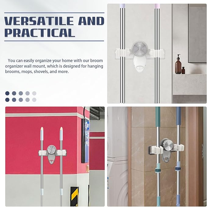2 Pieces Self Adhesive Broom Holder Wall Mount, No Punching Heavy Duty Broom and Mop Organizer, Non-slip Mop Hanger with 2 Slots & 1 Hook for Bathroom Kitchen Laundry Room, Clear, Gray