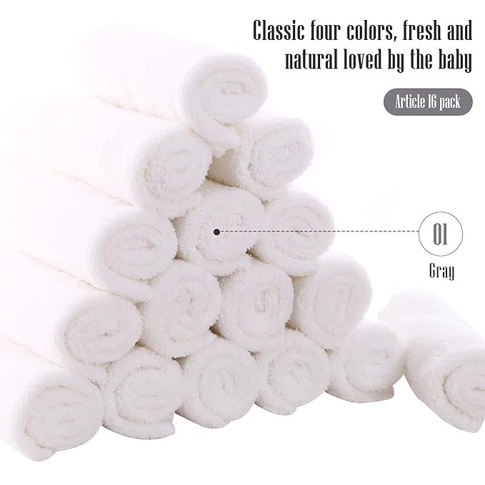 Cute Castle Ultra-Soft Baby Washcloths, 16 Pack - 9" by 9", Gentle on Sensitive Skin for Face and Body, Plush, Super Absorbent Wash Clothes for Girls and Boys, White