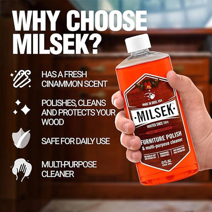 Milsek Furniture Polish and Wood Cleaner with Cinnamon Raspberry Scent - for Home and Household from Hardwood Floors to Kitchen Cabinets - 12 Fl Oz (Pack of 2) with Microfiber Towel