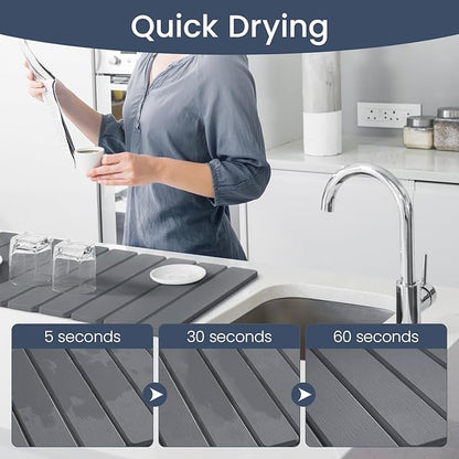 Meowoo Stone Drying Mat for Kitchen Counter, 23.6"x15.3" Foldable Diatomaceous Earth Mat, Super Absorbent, Quick-Dry Bath & Kitchen Pad for Dishes, Cups, Non-Slip, Fits Any Countertop - Dark Gray