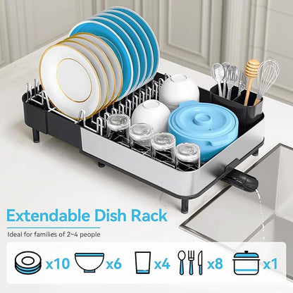 Urackify Dish Drying Rack, 304 Stainless Steel Dish Drainer with Removable Utensil Holder & Drain Board, Rustproof Space-Saving Dish Rack for Kitchen Countertop, Black