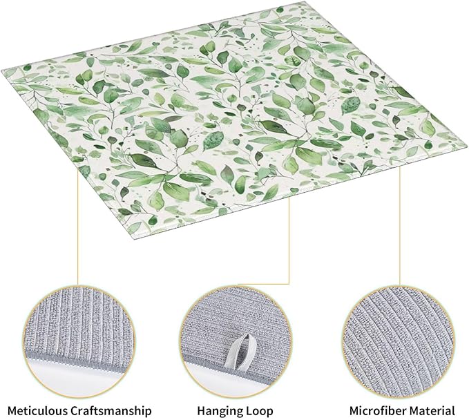 Green Leaves Dish Drying Mat, Highly Absorbent Microfiber Kitchen Counter Pad Reusable Washable, 16*18"