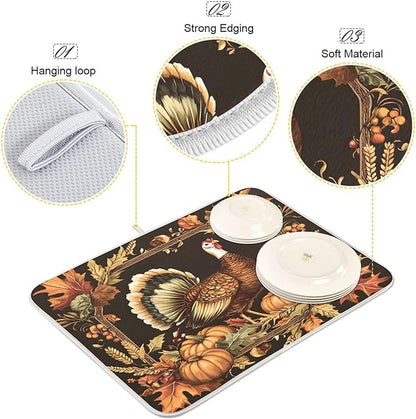 Thanksgiving Turkey Pumpkin Dish Drying Mat for Kitchen Counter Absorbent Microfiber Drying Pad, Medium 16x18 in