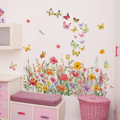 Wildflower Butterfly Wall Stickers Colorful Floral Garden Decals Watercolor Peel and Stick Decor for Kids Room Bedroom Home Decoration