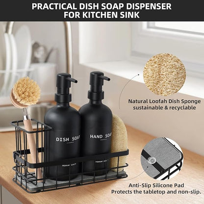 Dish Soap Dispenser for Kitchen, 16.9 fl oz Black Hand and Dish Soap Dispenser Set, Kitchen Soap Dispenser with Sponge Holder, Brush Holder and Loofah Sponge, Countertop Sink Organizer Accessories