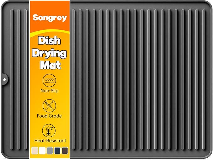Songrey 24" x 18" Silicone Dish Drying Mat, Kitchen Counter Drying Pad for Sink Dishes or Under Rack, Multi-Use as Heat Resistant Trivet, Coffee Bar Mat