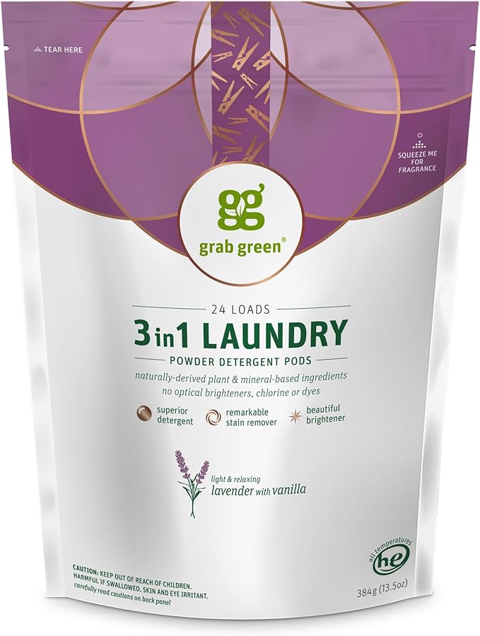 Grab Green Natural 3 in 1 Laundry Detergent Pods, Lavender + Vanilla-With Essential Oils, 24 Loads, Organic Enzyme-Powered, Plant & Mineral-Based, 13.5 Ounce