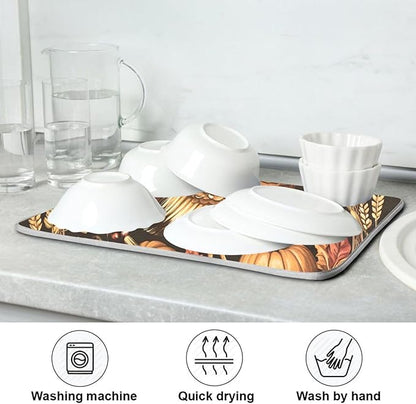 Thanksgiving Turkey Pumpkin Dish Drying Mat for Kitchen Counter Absorbent Microfiber Drying Pad, Medium 16x18 in