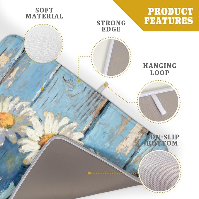 Daisy Floral Dish Drying Mat for Kitchen Counter 18x24 Spring Summer Theme Woodgrain White Flower Seasonal Absorbent Reversible Microfiber Drying Mats Kitchen Countertop Protector Dishes Drainer Pad