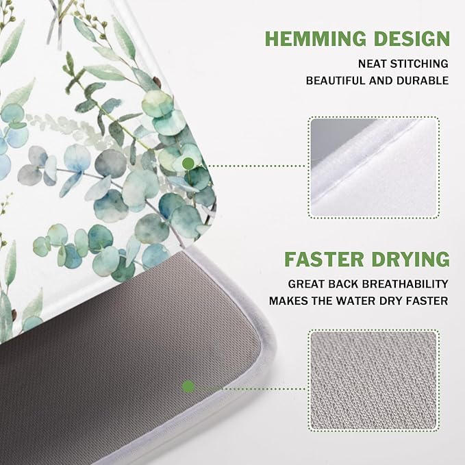 Spring Sage Green Leaves Dish Drying Mat for Kitchen Counter Watercolor Eucalyptus Leaf Drying Mat 16x18 Inch Rustic Farmhouse Absorbent Dish Drainer Mat Kitchen Accessories