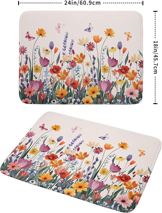 Kawani Spring Summer Flowers Dish Drying Mat for Kitchen Counter 18"x24" Colorful Floral Drying Mat Soft Absorbent Microfiber Farmhouse Fluttering Butterfly Dish Drainer Rack Mats for Counter tops