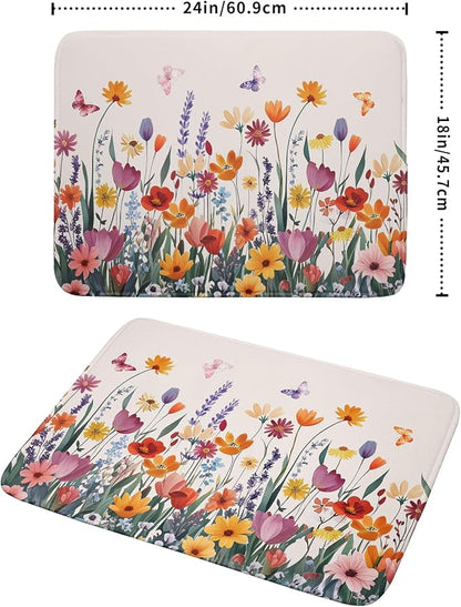 Kawani Spring Summer Flowers Dish Drying Mat for Kitchen Counter 18"x24" Colorful Floral Drying Mat Soft Absorbent Microfiber Farmhouse Fluttering Butterfly Dish Drainer Rack Mats for Counter tops