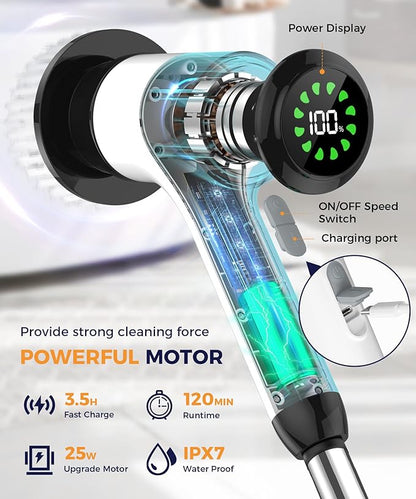Electric Spin Scrubber, Cordless Cleaning Brush with 7 Replaceable Brush Heads, 2-Speed Adjustable Handle Shower Scrubber, IPX7 Waterproof for Bathroom, Tub, Tile & Floor, Teens, White-qb1