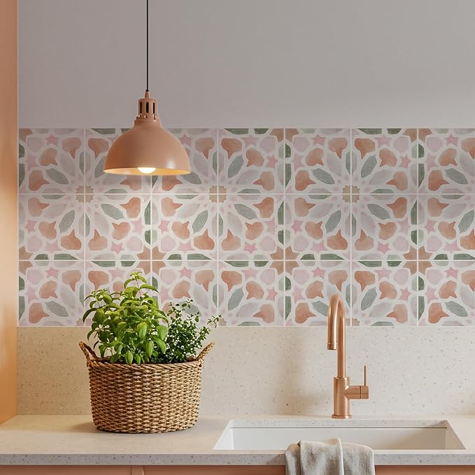 16 Pack,Self Adhesive Moroccan Tile Stickers Vinyl Wall Decals Green Peel and Stick Waterproof 5.9x5.9inch for Home Kitchen Living Room Bedroom Decor