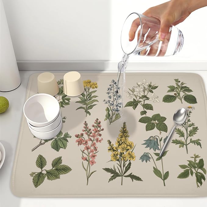 Vintage Plants Herbs Floral Dish Drying Mat for Kitchen Counter Retro Leaf Drying Mat 18x24 Inch Rustic Farmhouse Absorbent Dish Drainer Mat Kitchen Accessories