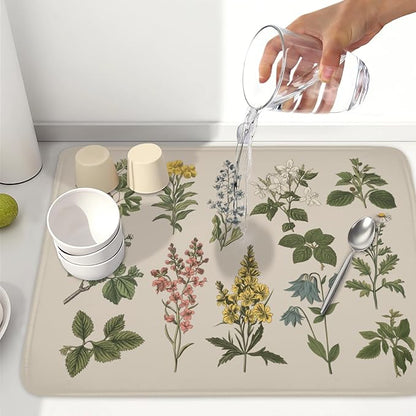 Vintage Plants Herbs Floral Dish Drying Mat for Kitchen Counter Retro Leaf Drying Mat 18x24 Inch Rustic Farmhouse Absorbent Dish Drainer Mat Kitchen Accessories