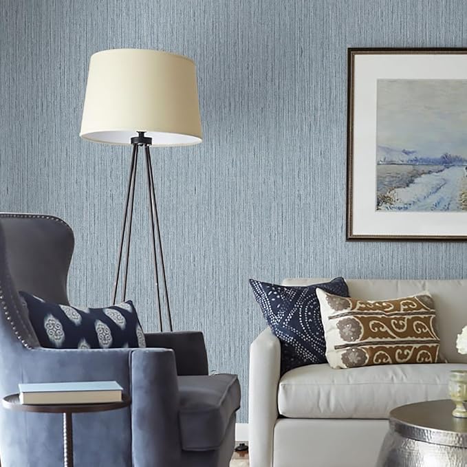 Timeet Peel and Stick Wallpaper Grasscloth Textured Contact Paper 15.74"" x393.7 Faux Linen Self-Adhesive Removable Wallpaper for Walls Furniture, Blue