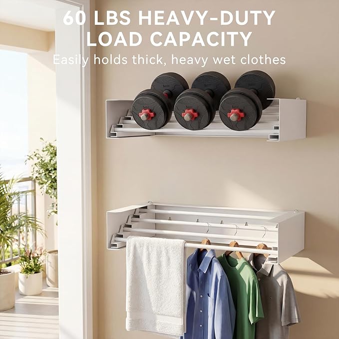 Wall Mounted Drying Rack - 26 Inch Stainless Steel Clothes Drying Rack Collapsible, Heavy Duty 60LBS Laundry Drying Rack, Retractable Folding Dryer Racks for Laundry Drying Indoor/Outdoor