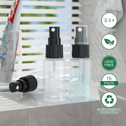longway 15 PCS Spray Bottles, 0.5oz/15ml Transparent Empty Fine Mist Spray Bottle Dispenser with Cap, Small Refillable Liquid Containers with 1pcs Funnel and 18pcs Labels