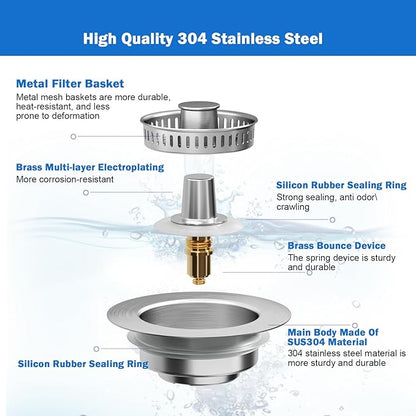Upgraded 3 in 1 Kitchen Sink Drain Strainer,Anti-Clogging Sink Food Catcher Basket, Stainless Steel Pop-Up Kitchen Sink Stopper for US Standard 3-1/2 inch Kitchen Sink (Silver-1Pack)