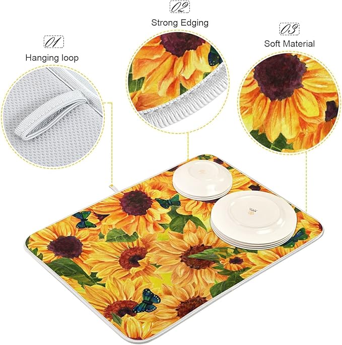 Super Absorbent Dish Drying Mat, Microfiber Fast-Drying Dish Mat, 24" x 18", Kitchen Dish Drying Pad, Sunflowers And Green Blue Butterflies