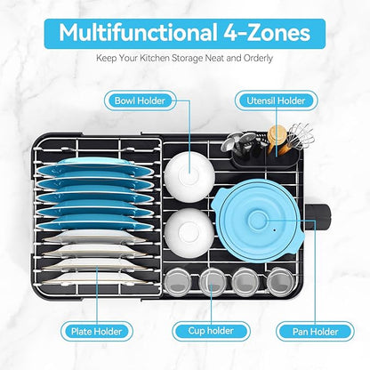 Urackify Dish Drying Rack, 304 Stainless Steel Dish Drainer with Removable Utensil Holder & Drain Board, Rustproof Space-Saving Dish Rack for Kitchen Countertop, Black