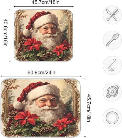 Christmas Santa Claus Poinsettia Dish Drying Mat for Kitchen Counter Absorbent Microfiber Drying Pad, Large 18x24 in