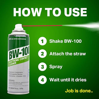 BW-100 Non-Flammable Electronic Contact Cleaner Aerosol Spray- Safely Cleans Joycons, Computers, PCB and More - Removes dust, Dirt and contaminants on Contacts - Quick Dry|8oz/225g |