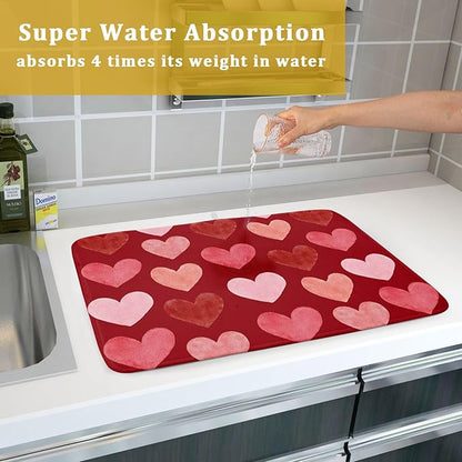 Valentines Day Dish Drying Mat 18 x 24 Inch With Absorbent Reversible Microfiber Pink Red Hearts Drying Anniversary Wedding Dish Drainer Mat Fast Dry For Kitchen Dining Room Decor