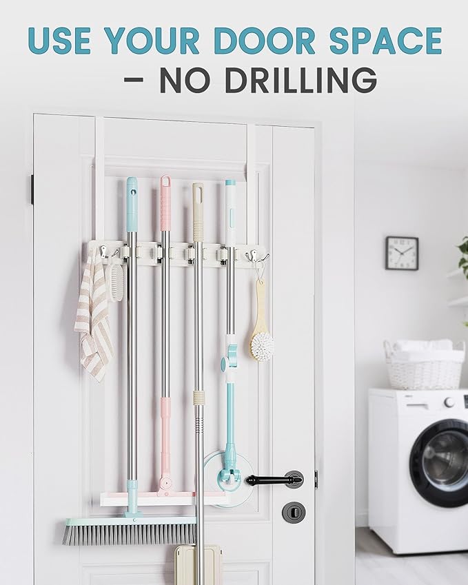HULISEN Broom Holder Door Mount, Over the Door Broom and Mop Holder with 0.6" Thick Pads, Wood Mop Organizer Tool Hanger with 4 Racks & 2 Hooks for Laundry Cabinet Kitchen Garage, No Drills