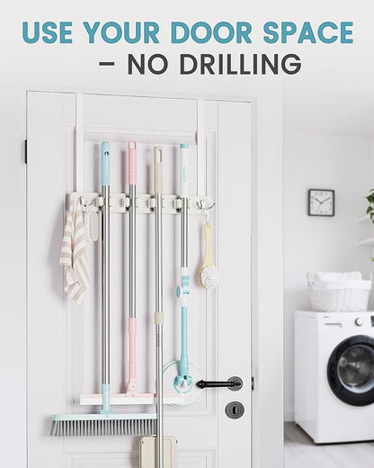 HULISEN Broom Holder Door Mount, Over the Door Broom and Mop Holder with 0.6" Thick Pads, Wood Mop Organizer Tool Hanger with 4 Racks & 2 Hooks for Laundry Cabinet Kitchen Garage, No Drills