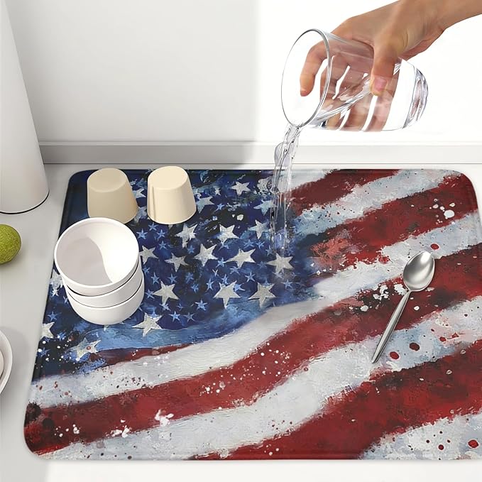 4th of July Dish Drying Mat 24x18 Inch, Patriotic Drying Mat with Absorbent Reversible Microfiber, Independence Day Dish Drainer Mats Memorial Day Rack Pad for Coffee Countertop Kitchen Protector