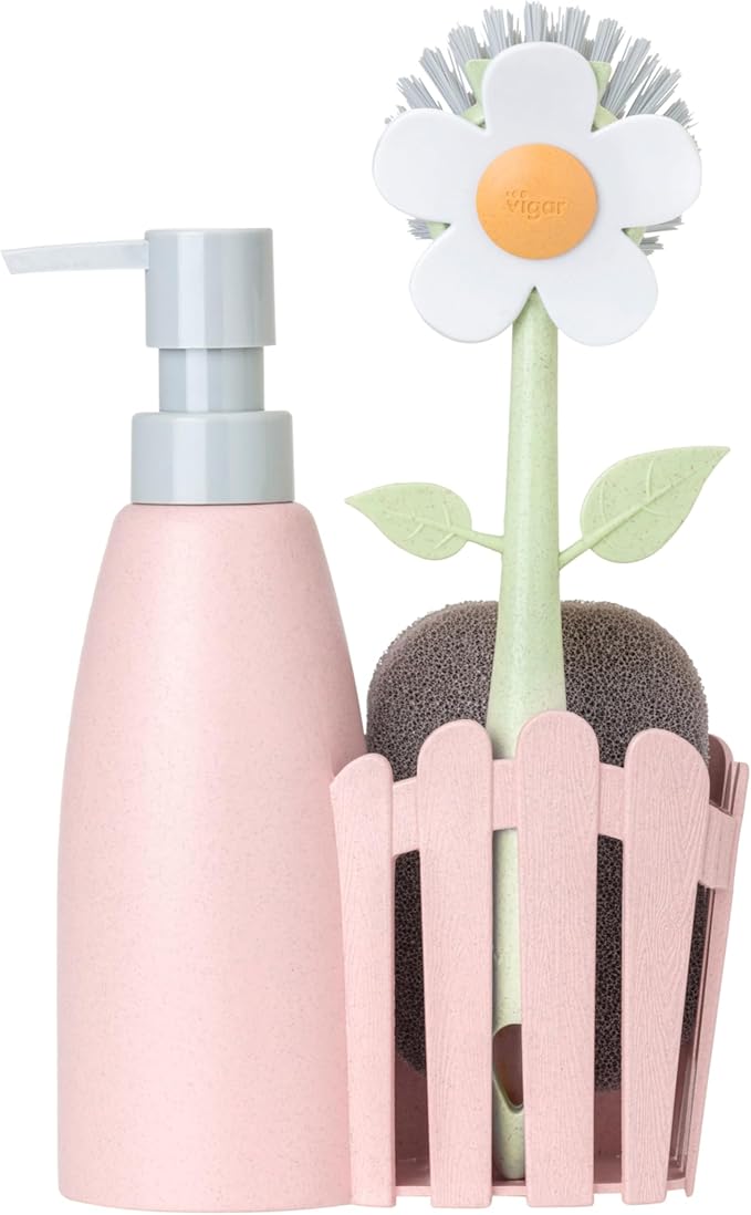 Vigar Florganic Kitchen Soap Dispenser Set, Dish Soap Dispenser with Sponge Caddy and Dish Brush, Daisy-Themed, Perfect Kitchen Sink Caddy, Pink